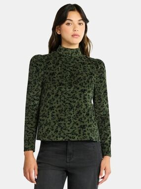 NWT Time and Tru Corduroy Tie Back Blouse Long Sleeve Olive Print Women